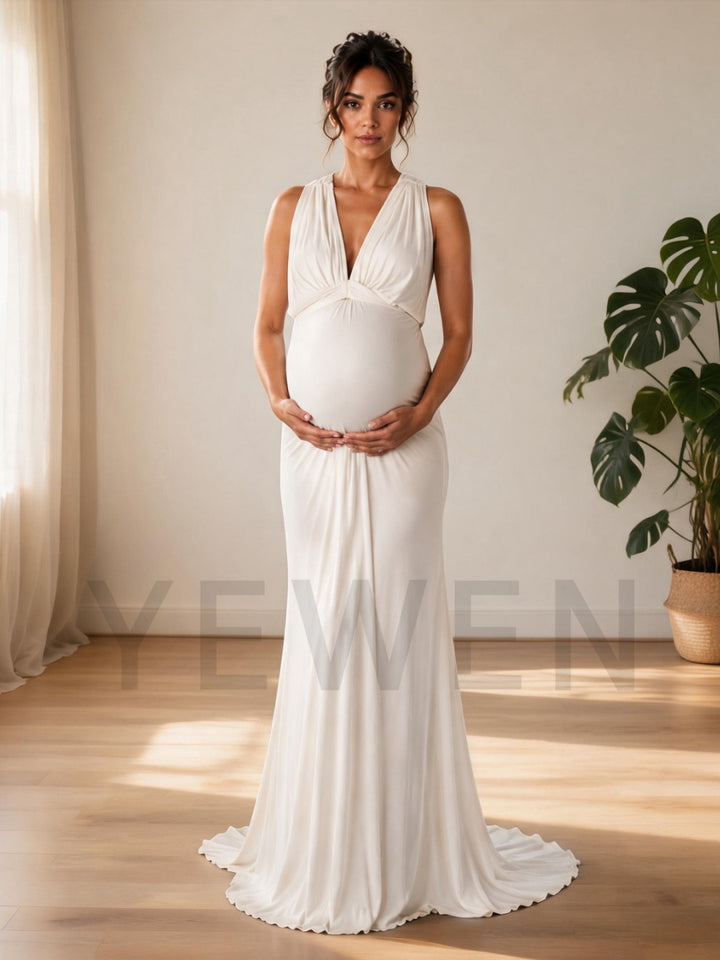 Ivory Sleeveless Deep V-Neck Mermaid Maternity Baby Shower Dress L-26924