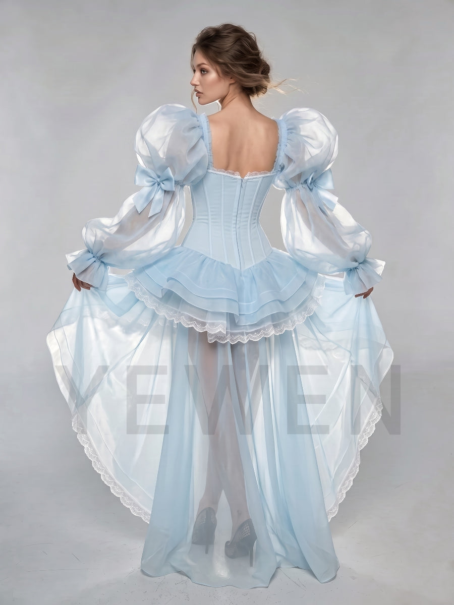 Blue Corset Puff Sleeve Princess Dress With Bow Detail & High-Low Tiered Skirt WT268011