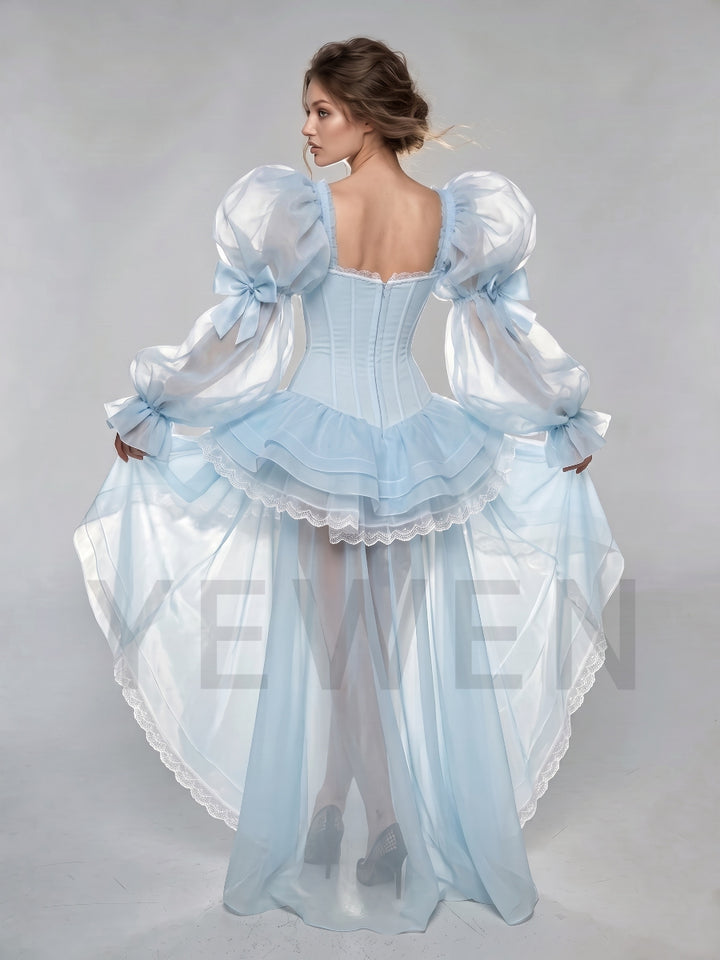 Blue Corset Puff Sleeve Princess Dress With Bow Detail & High-Low Tiered Skirt WT268011