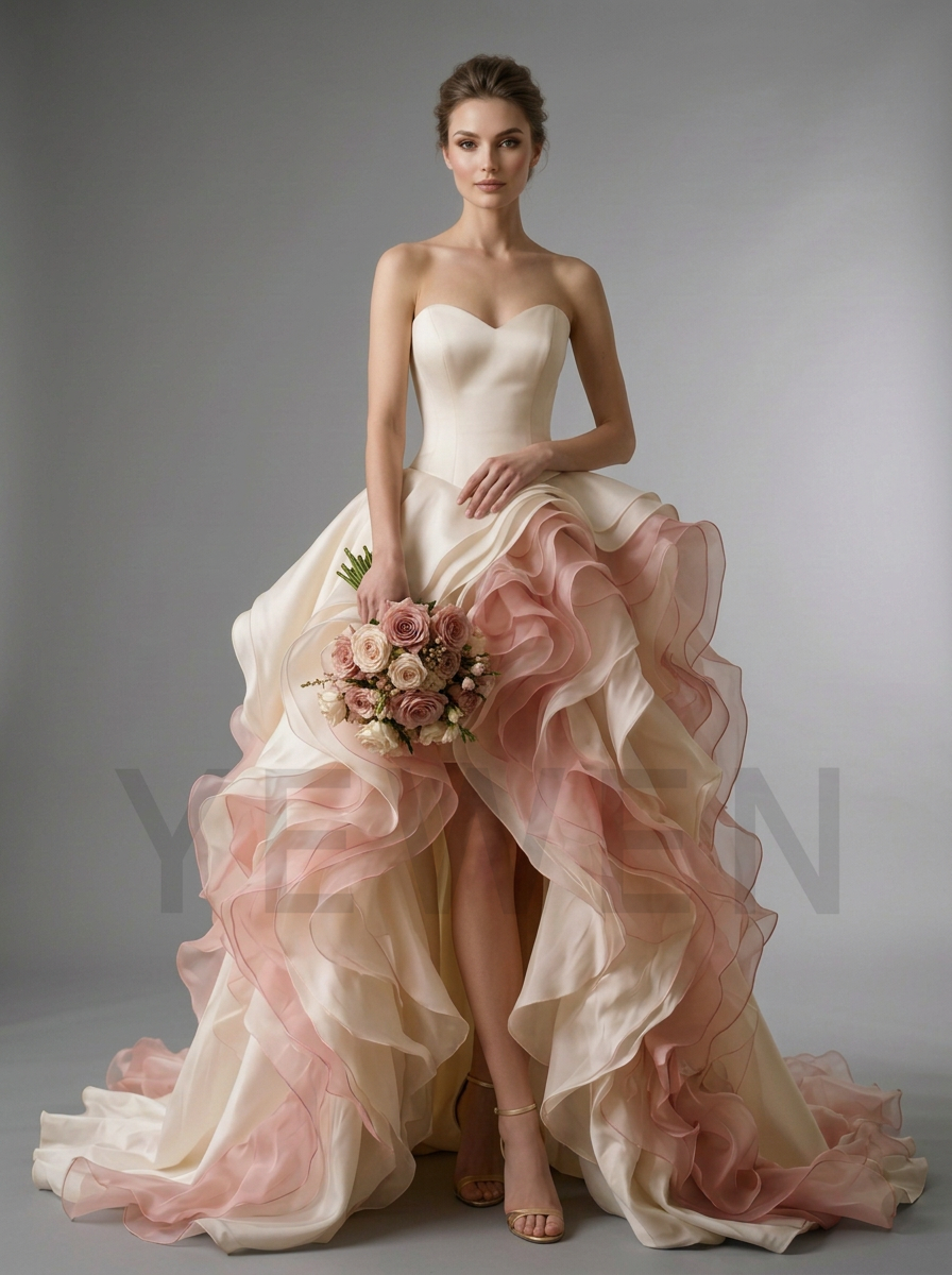 Strapless Tiered Ruffle Evening Gown with High-Low Hem YD260924
