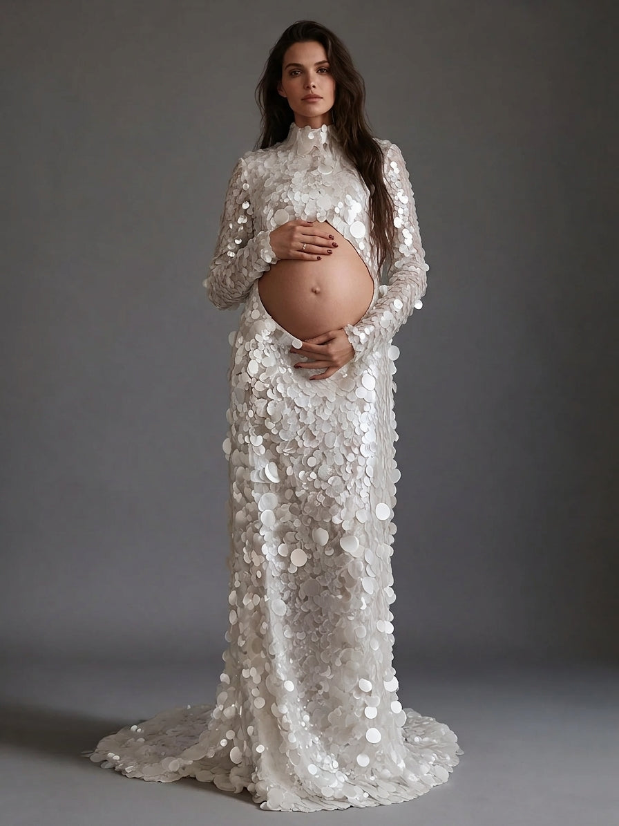 High Neck Long Sleeve Cutout Sequin Maternity Photoshoot Gown YD261019