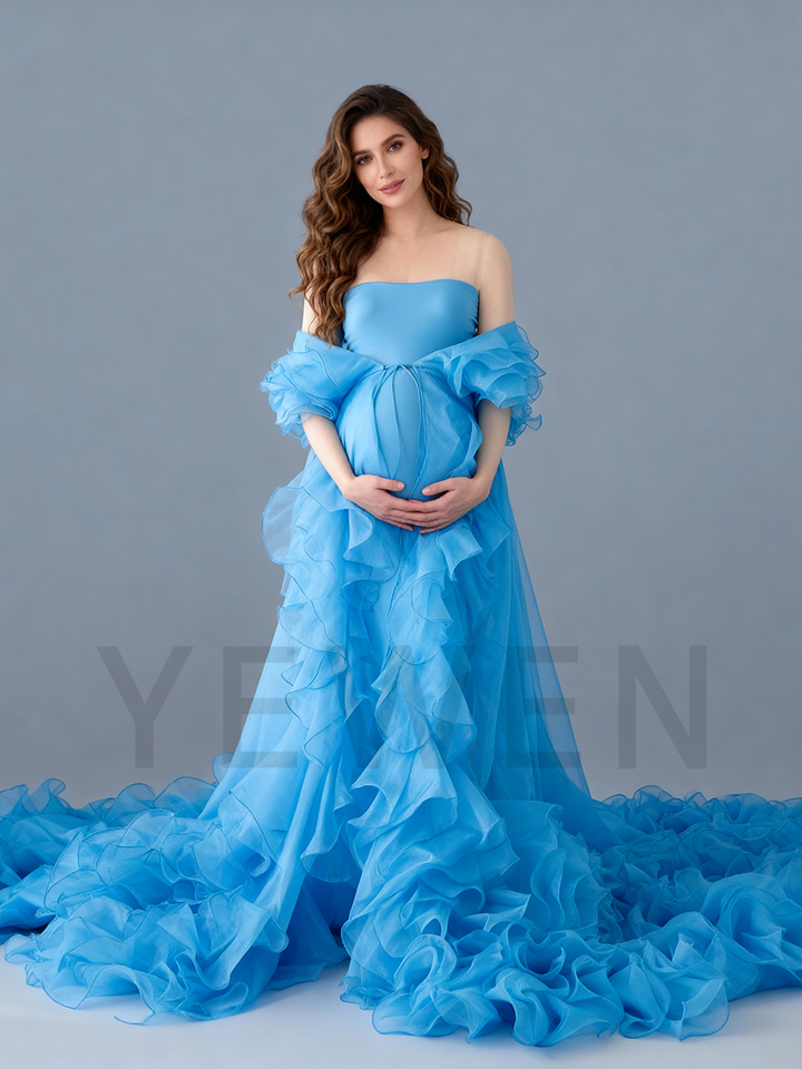 Custom Made Maternity Photoshoot Robe Elegant Pregnancy Photography Gown Flowing Organza Dress for Photo Shoot