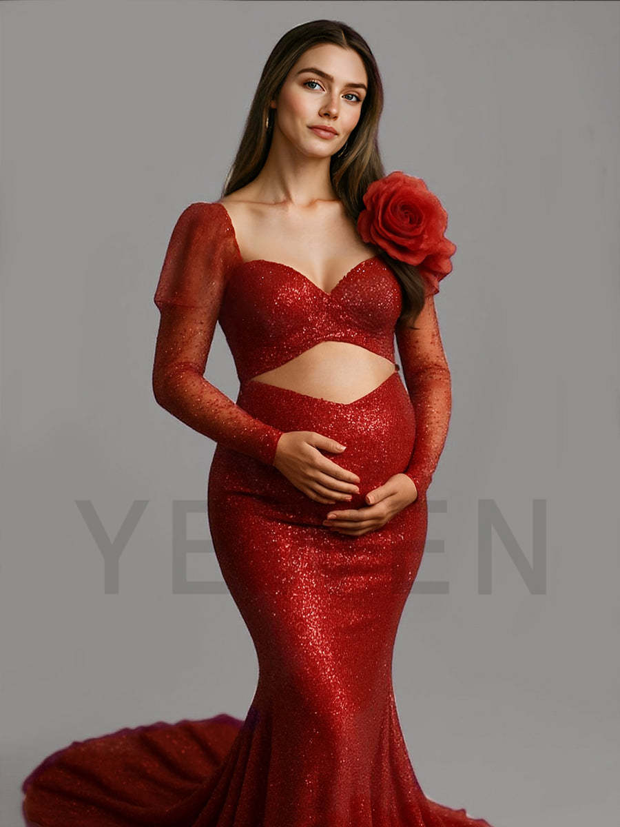 Elegant Red Sequin Maternity Dress with Slit Baby Shower Gown Photo Shoot Outfit Elegant Red Sequin Maternity Dress with Slit Baby Shower Gown Photo Shoot Outfit
