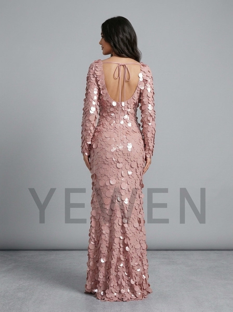 Burgundy Scoop Neck Big Sequin Long Sleeve Fit Evening Gown YD261024