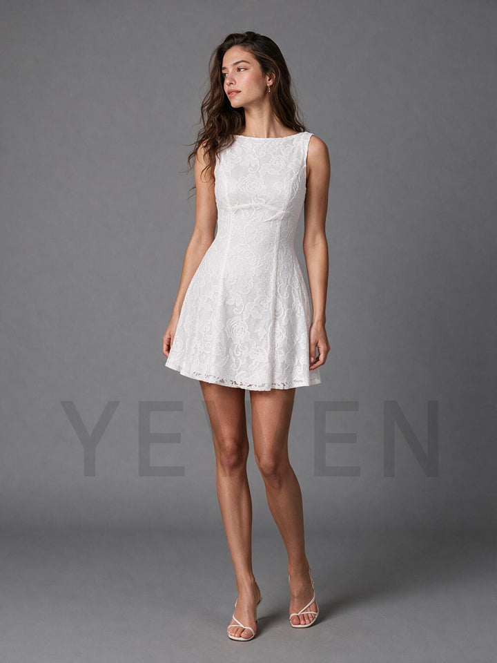 Ivory Floral A-Line Lace Mini Wedding Dress for Engagement