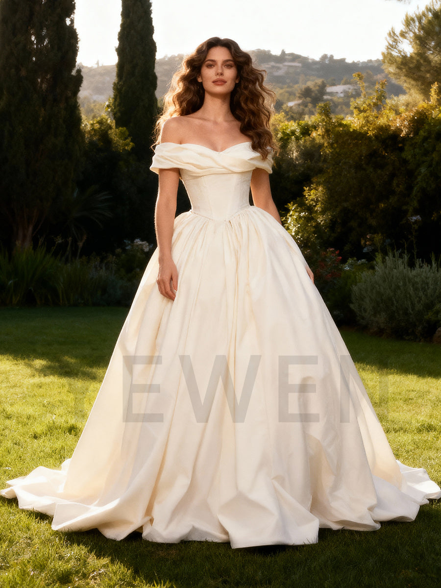 Elegant Off The Shoulder Satin Engagement Wedding Dresses Bridal Gown