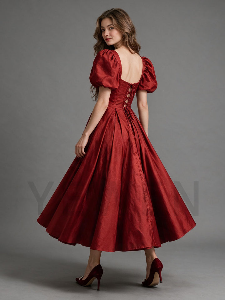 A-Line Sweetheart Puff Sleeve Boned Corset Christmas Dress YW2609212