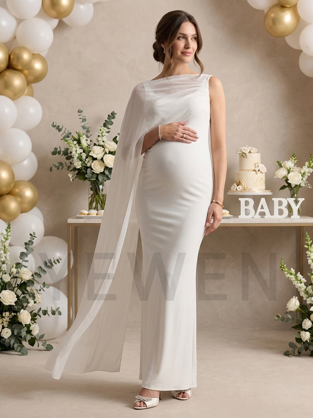 One-Shoulder Sheer Cape Maternity Dress for Baby Shower YM261007