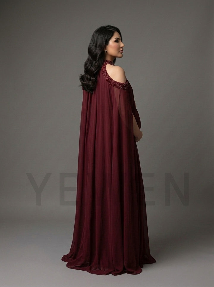 Rhinestone Cold Shoulder Cape Maternity Baby Shower Dress YD261008