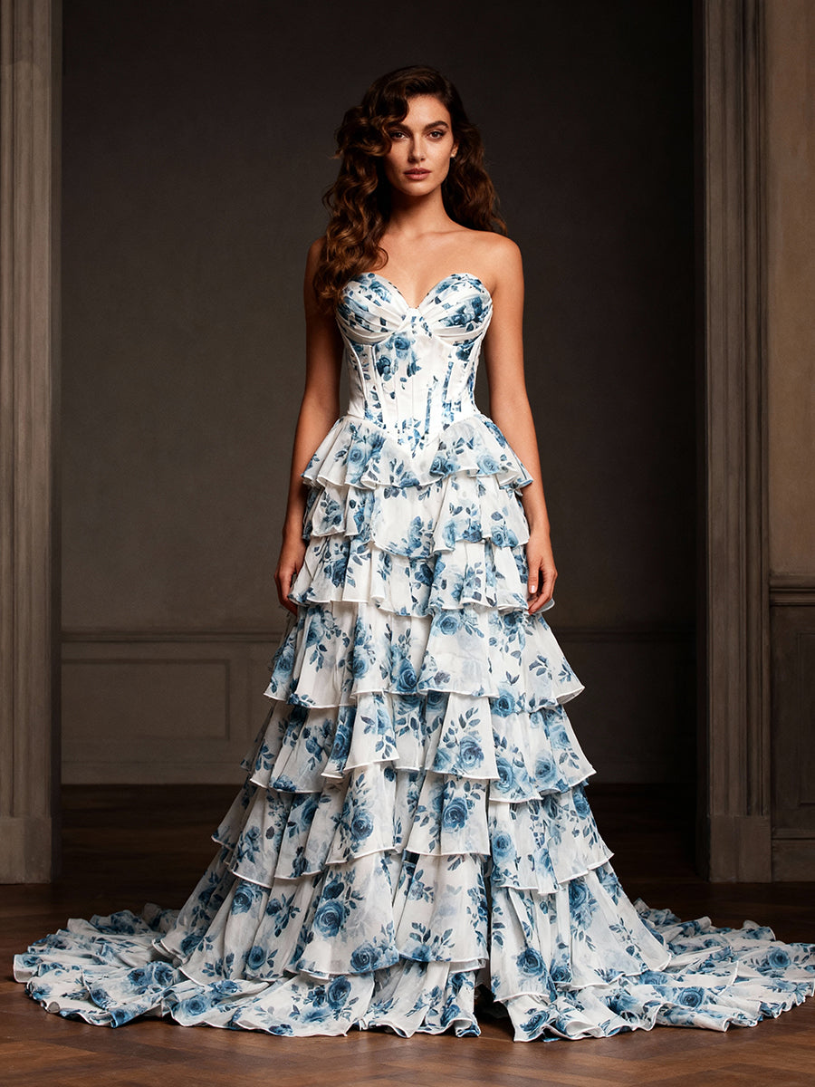 Elegant A Line Printed Chiffon Long Prom Dress with Ruffles YW240048