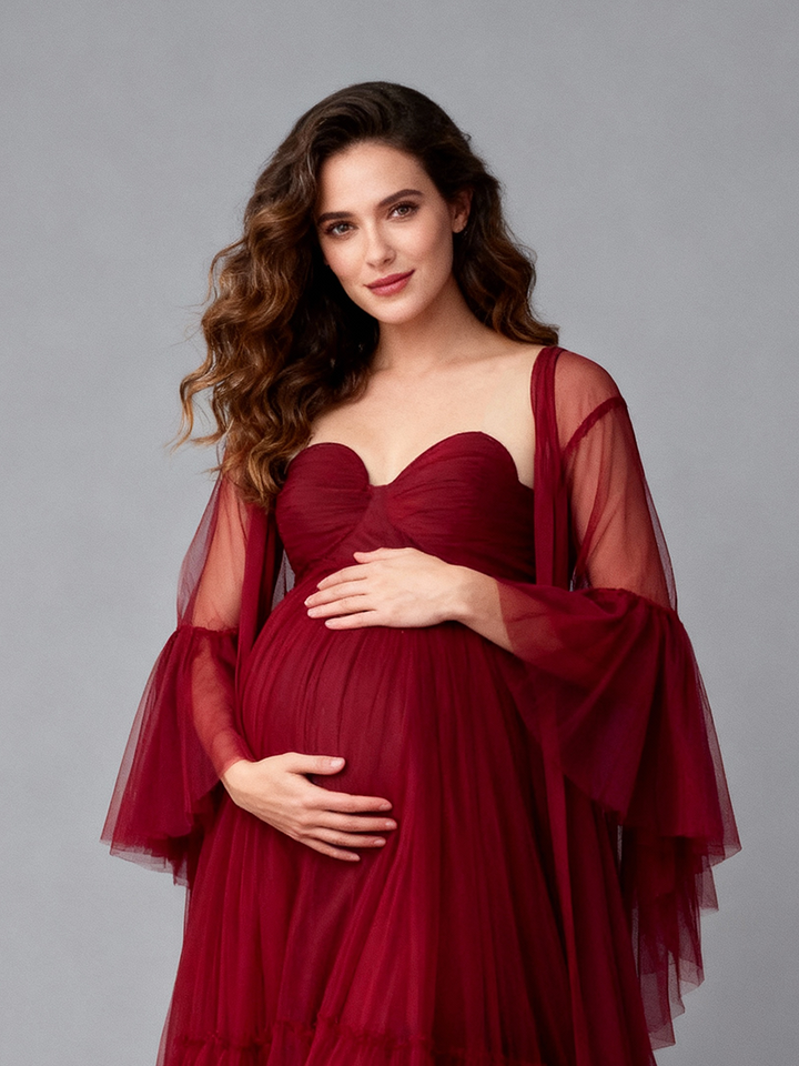 Burgundy Tulle Maternity Gown for Photo Shoot Baby Shower