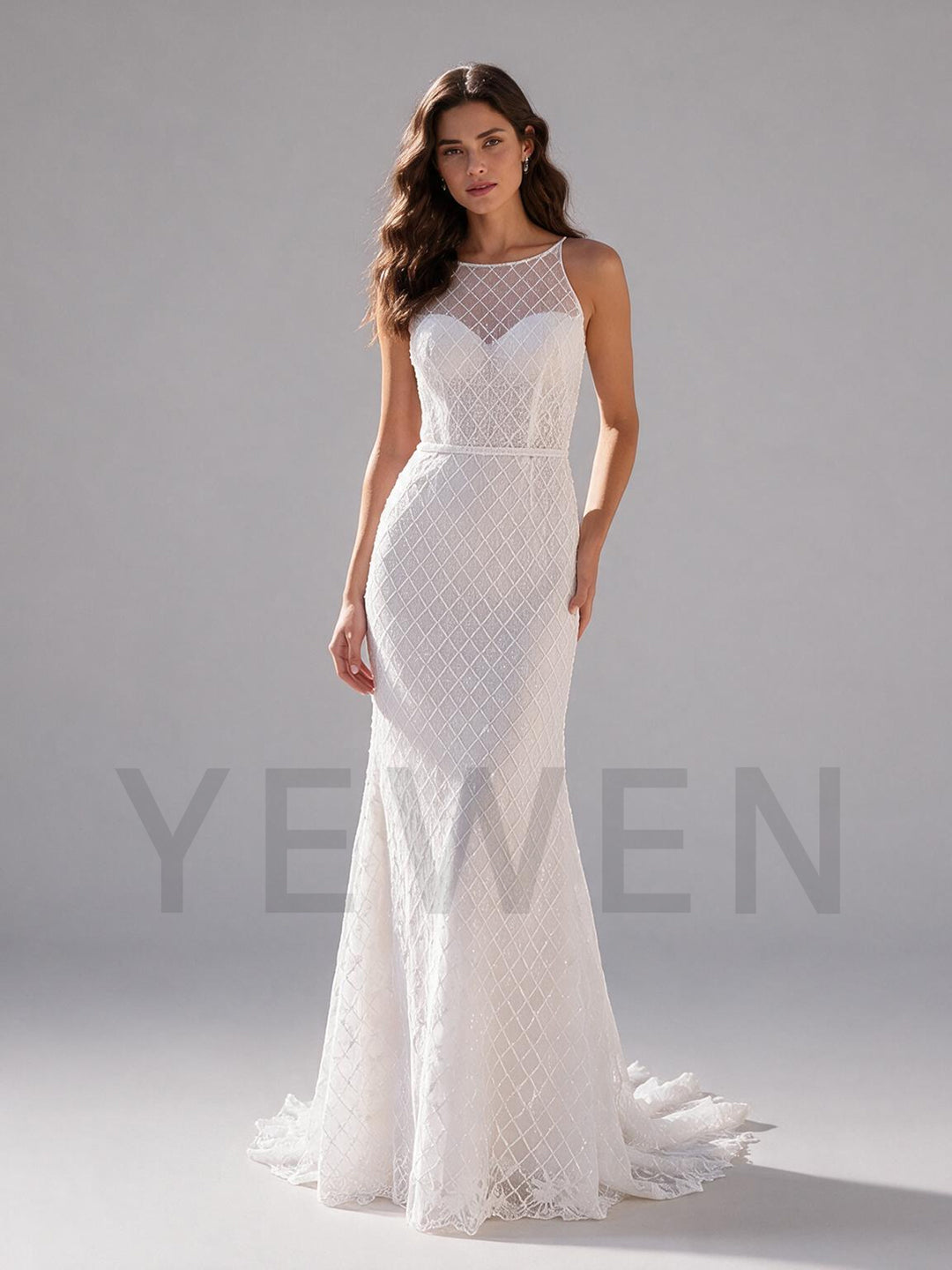 Ivory Sleeveless High Neck Sparkle Lace Mermaid Wedding Dress