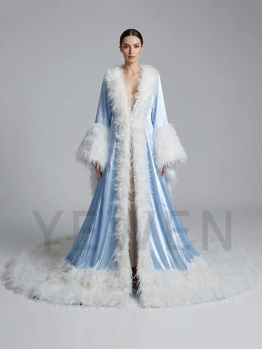 Velvet Ostrich Feather Christmas Robe Long Sleeve Open Front YW243135