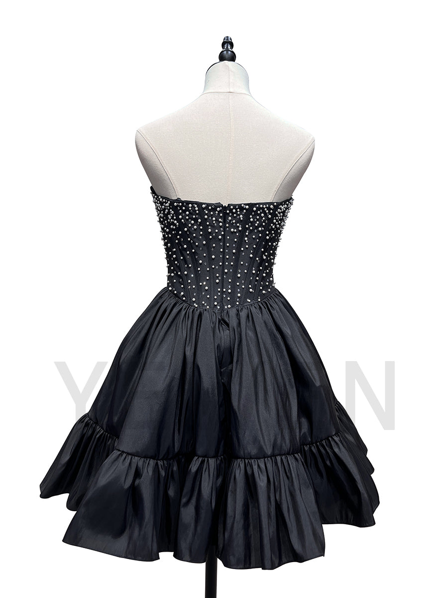 Black Beading Evening Dress Women Strapless Mini Prom Party Cocktail Dress F25168J