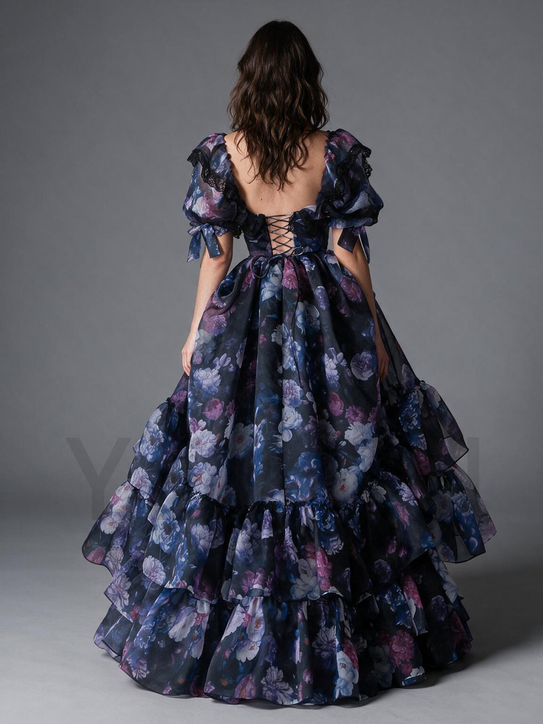 Dark Floral Print Puff Sleeve Tiered Ruffle Princess Dress YW2610131