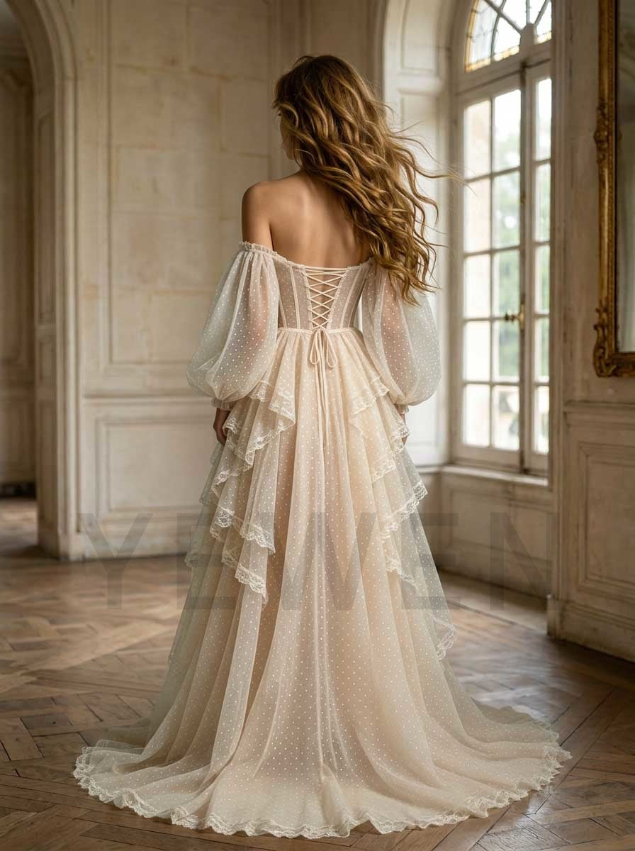 Boho Fairycore Princess Gown | Off-Shoulder Ruffle Maxi Dress With Slit WT268001