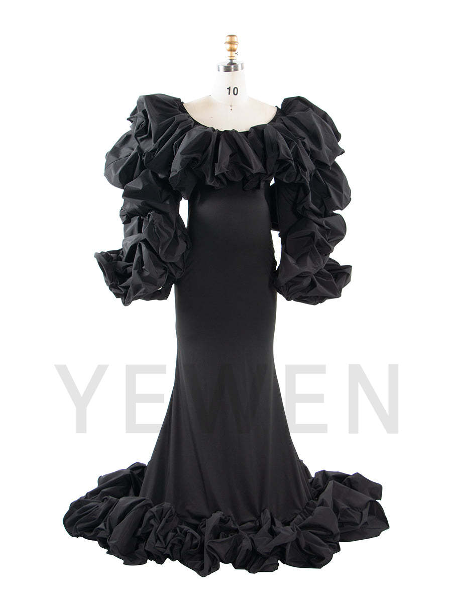 Black Couture Mermaid Dress for Photoshoot Unique Ruched Sleeevs And Bottom Backless Dresses YW250050 yewendress Black Couture Mermaid Dress for Photoshoot Unique Ruched Sleeevs And Bottom Backless Dresses YW250050 yewendress