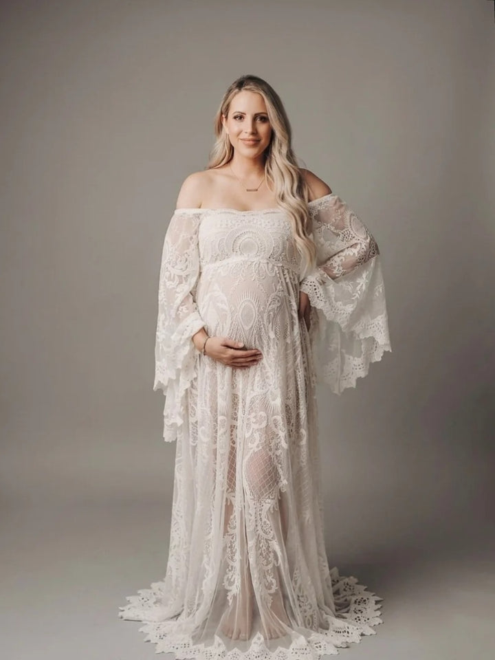 Ivory Off-Shoulder Bell Sleeve Boho Maternity Photoshoot Dress YD260840