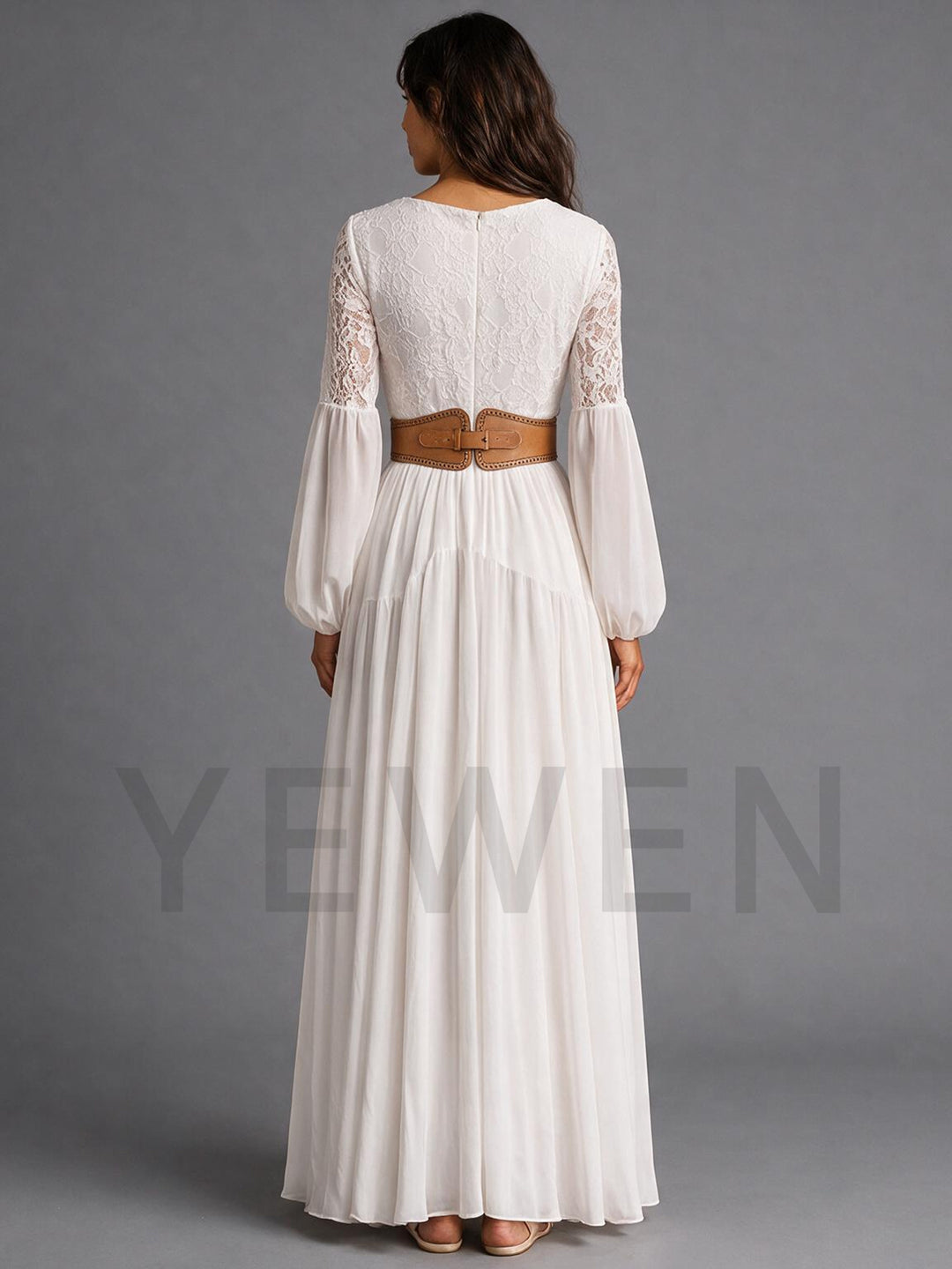 Ivory Deep V-Neck Lace Sleeve Boho Wedding Dress(without Leather Belt)