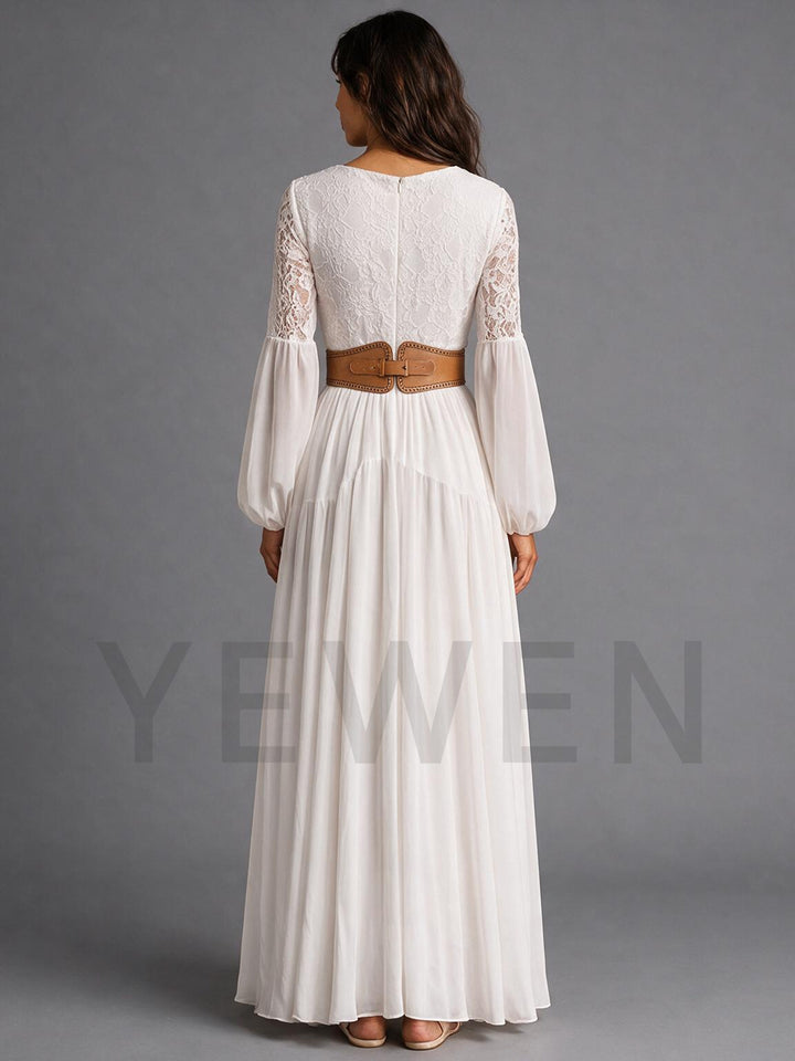 Ivory Deep V-Neck Lace Sleeve Boho Wedding Dress(without Leather Belt)