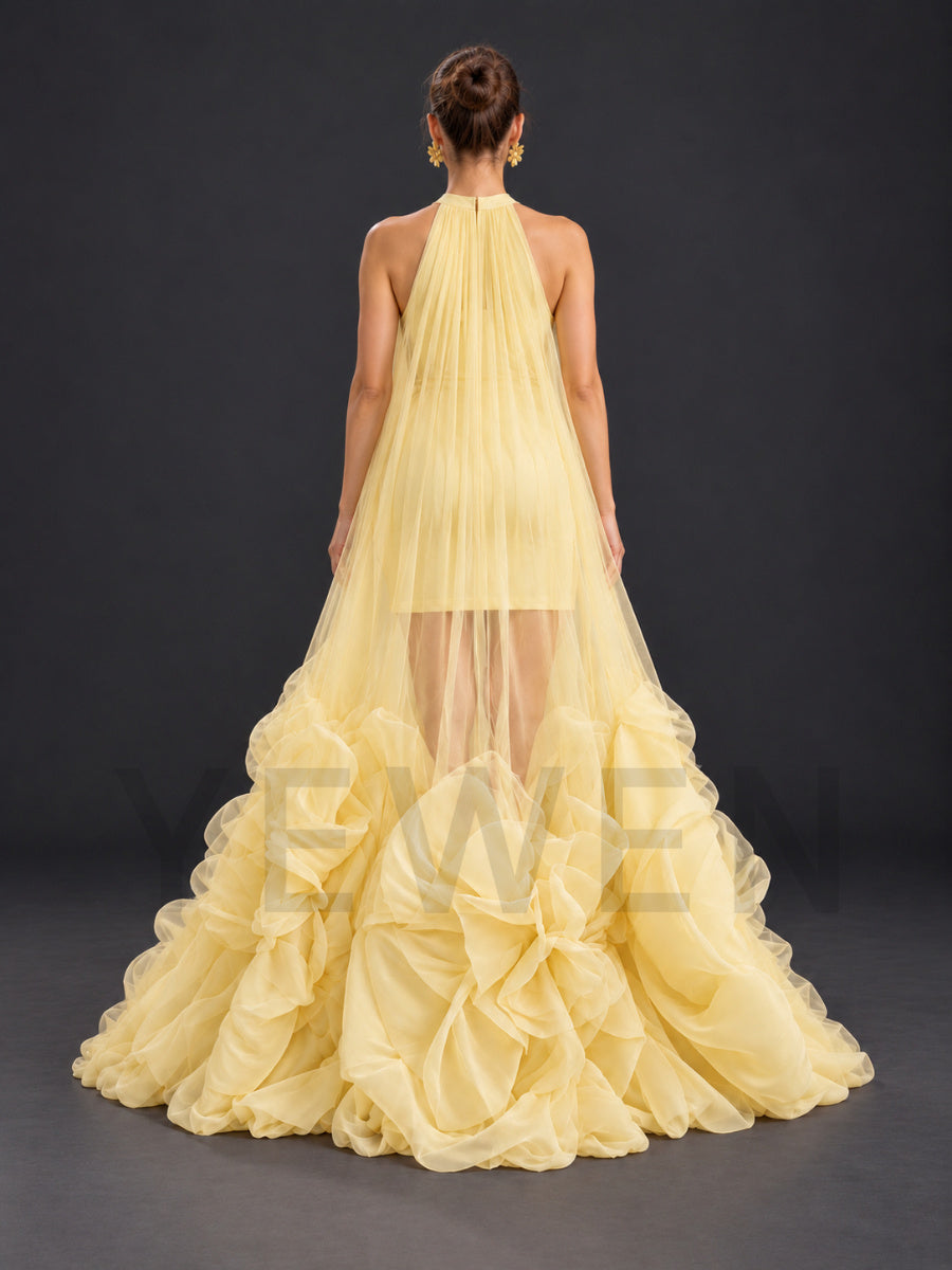 Yellow Halter 3D Ruffle Tulle Sheer Maternity Photoshoot Gown HA261001
