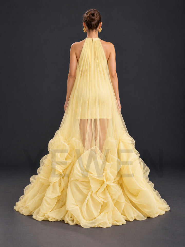 Yellow Halter 3D Ruffle Tulle Sheer Maternity Photoshoot Gown HA261001