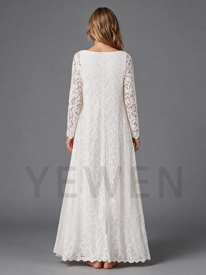 Ivory V-Neck High Waist Chiffon Boho Wedding Dress with Lace Duster