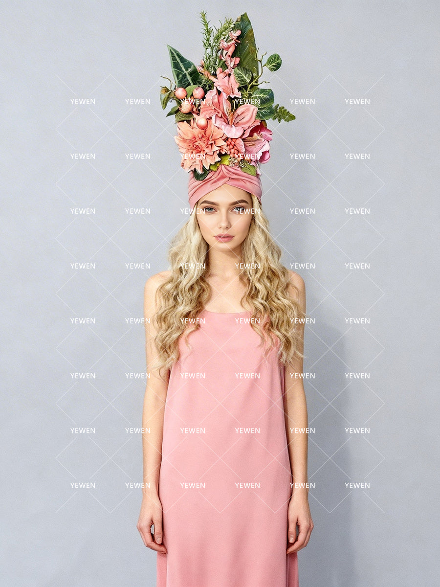 Pink Floral Headwrap with Tropical Foliage Hair Accessories for Photoshoot and Event Headpiece Bridal Headdress YW2603141D