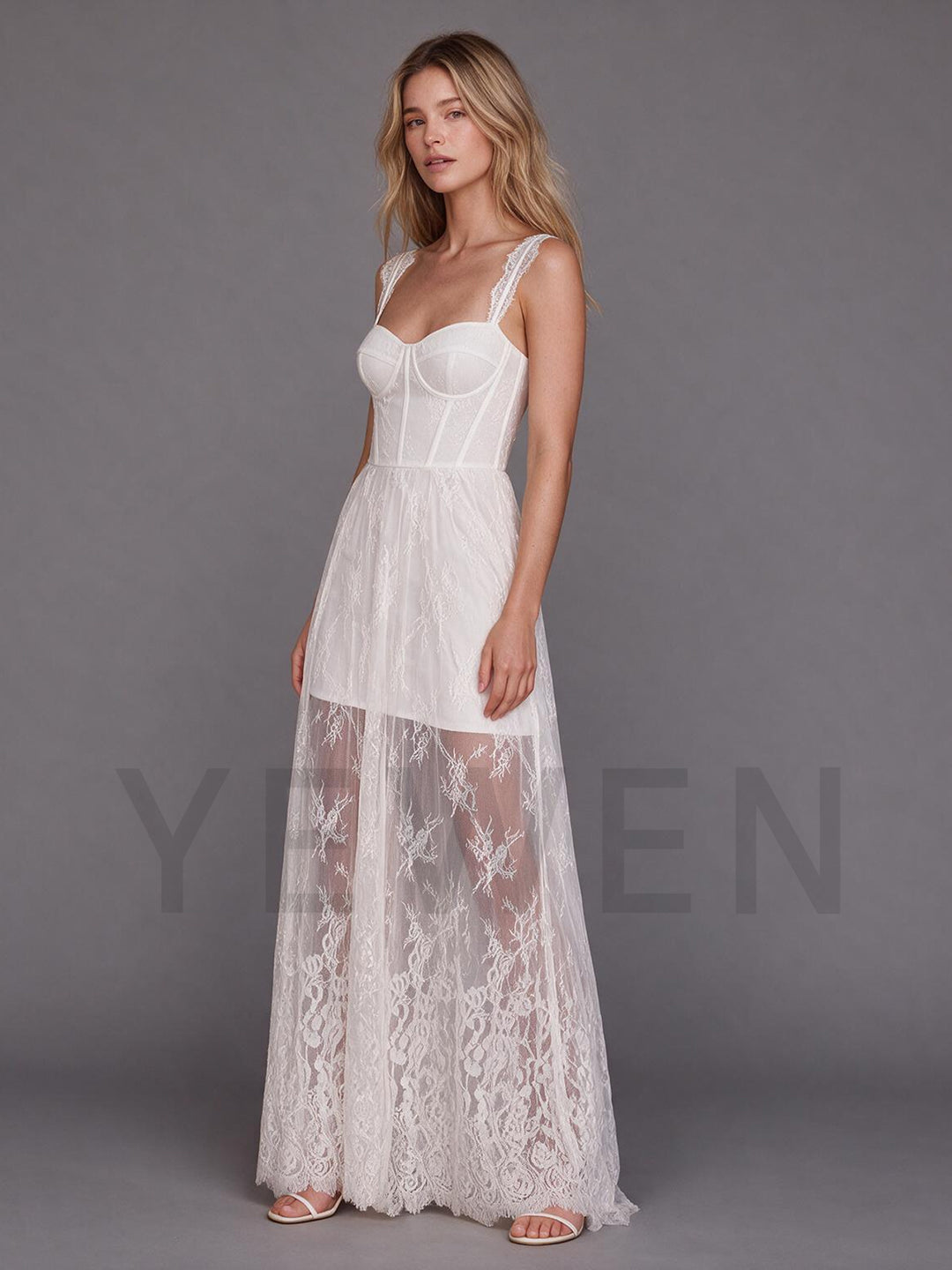 Ivory Sweetheart Neckline Lace Boho Wedding Dress with Sheer Lace Maxi Skirt