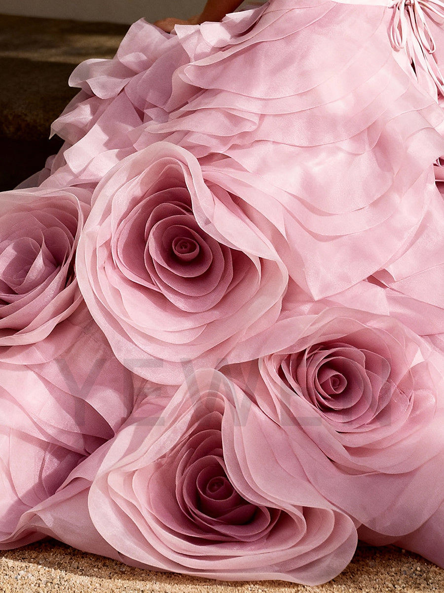 Strapless 3D Hand Rose Evening Dress Elegant Gown for Wedding Guest Party Dress