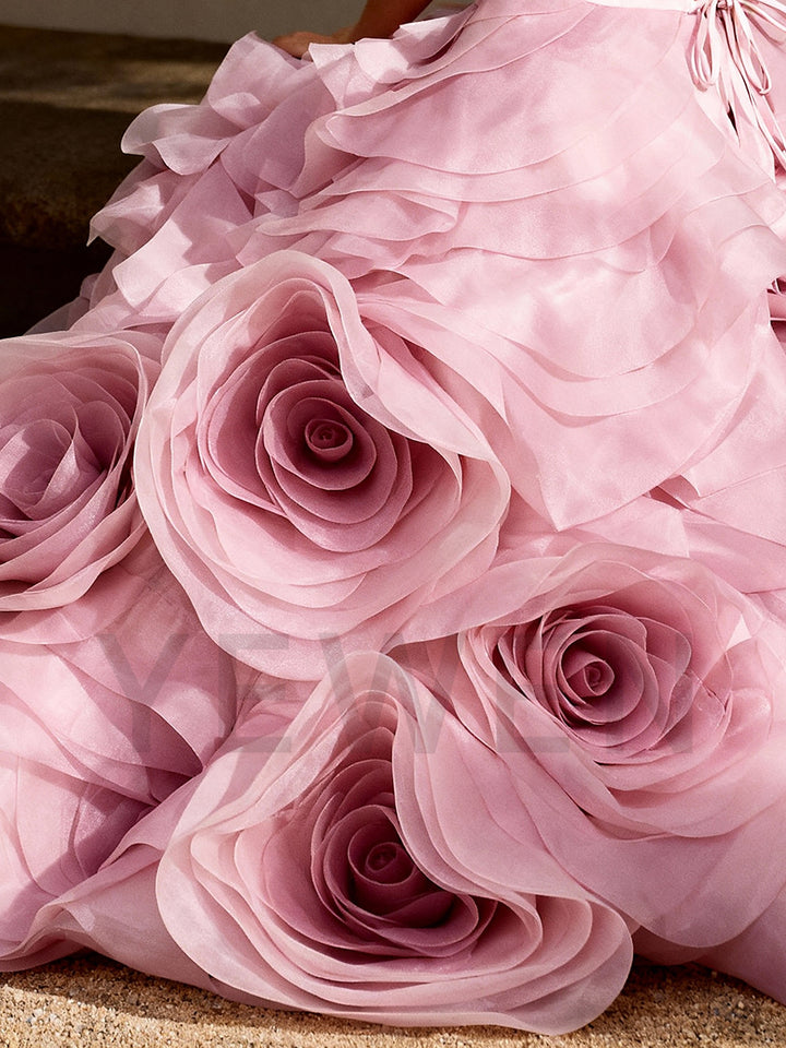 Strapless 3D Hand Rose Evening Dress Elegant Gown for Wedding Guest Party Dress