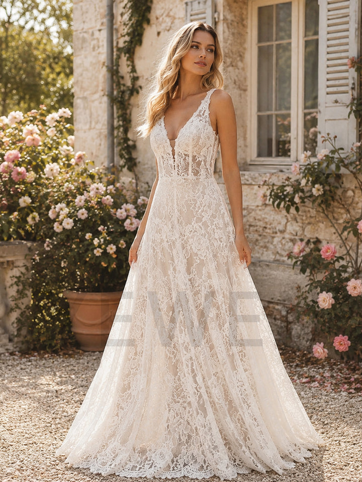 Ivory Deep V-Neck Floral Lace Wedding Dress with Elegant Sheer Train