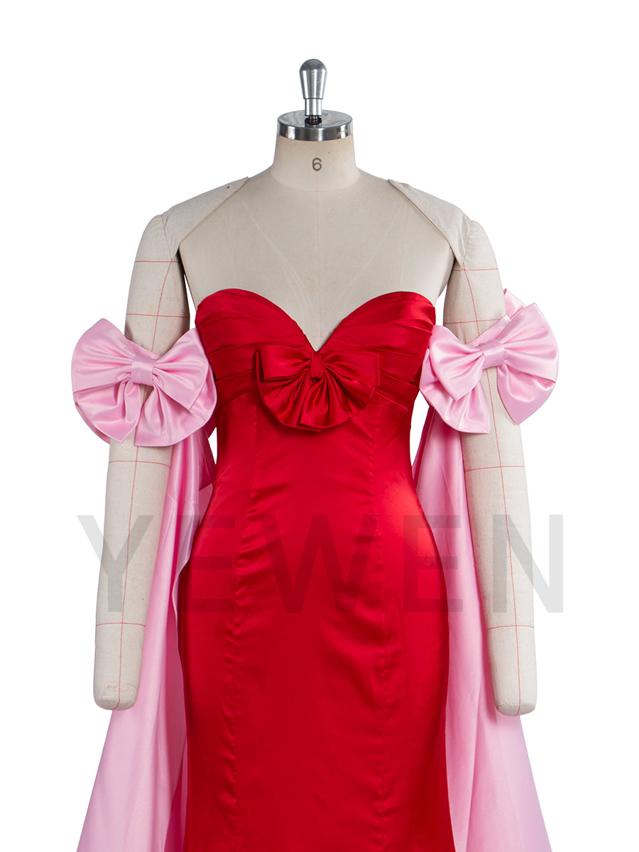 Elegant Satin Pink Cape With Red Bow Off Shoulder Prom Dresses uk LT003