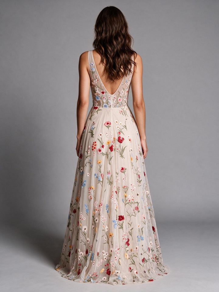 Boho Ivory Deep V-Neck Floral Wedding Dress