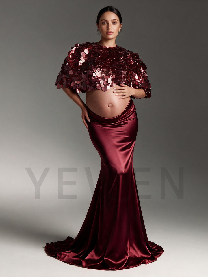 Two-Piece 3D Sequin Cape Mermaid Maternity Baby Shower Dress YW2609251
