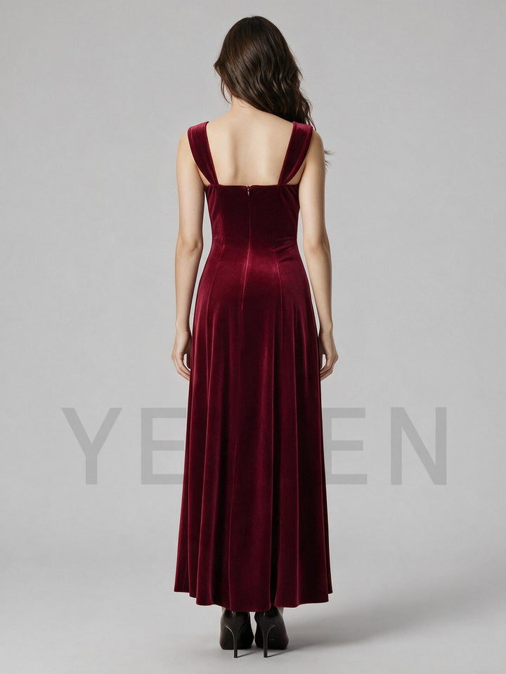 Velvet Wide Strap Rhinestone Neckline Christmas Dress YW2609211