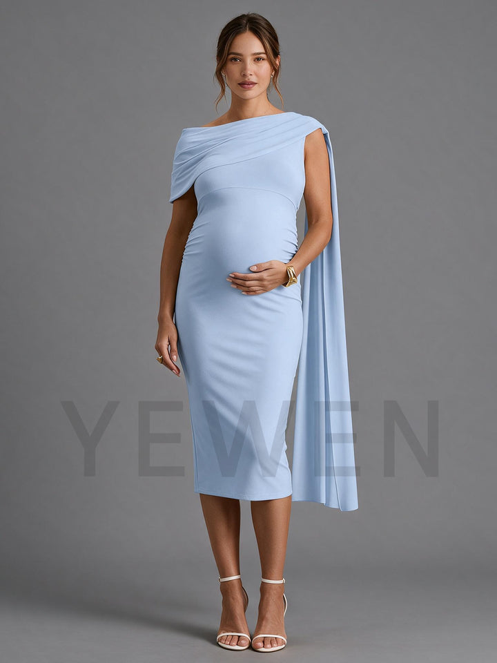Powder Blue Ruched Maternity Gown with One Shoulder Long Drape