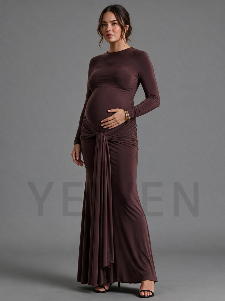 Brown Ruched Maternity Dress Fall Baby Shower Photoshoot Gown