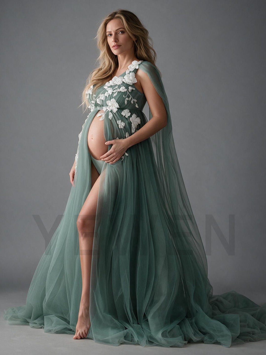 One-Shoulder 3D Floral Sheer Tulle Maternity Photoshoot Gown YW2610143