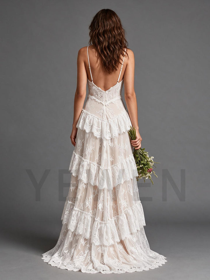 Ivory Spaghetti Strap V-Neck Lace Wedding Dress with Tiered Ruffle Skirt