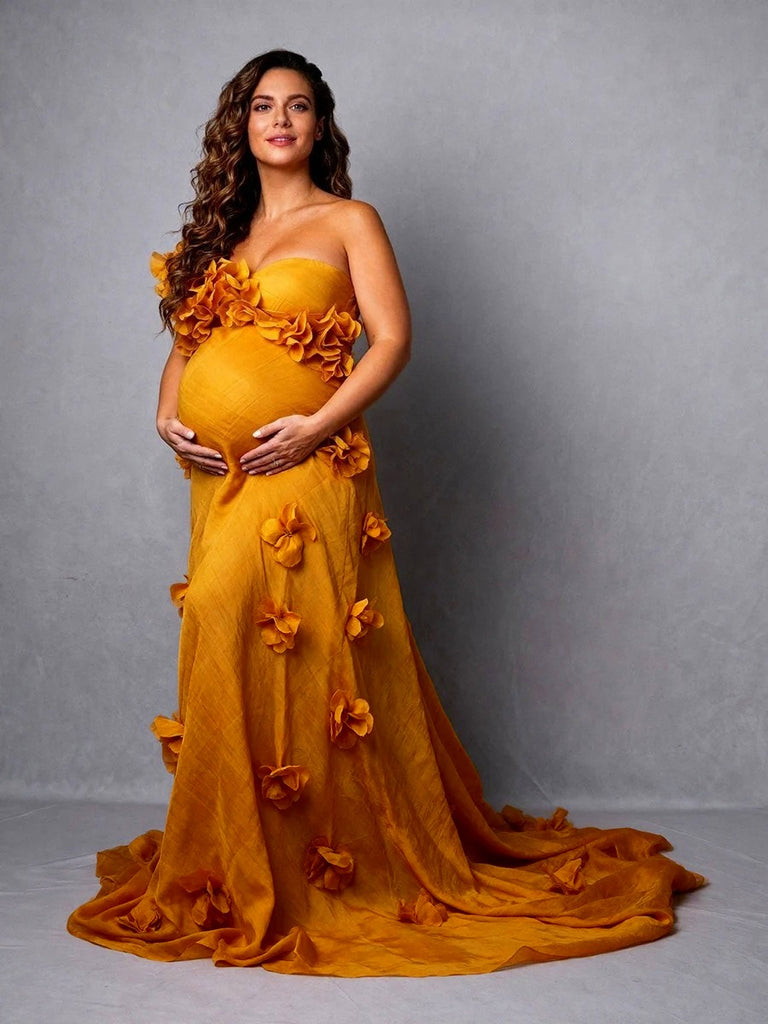 Maternity Dress for Photo Shoot 3D Floral Appliques Pregnancy Dress for Baby Shower 22W-24W / Picture Color