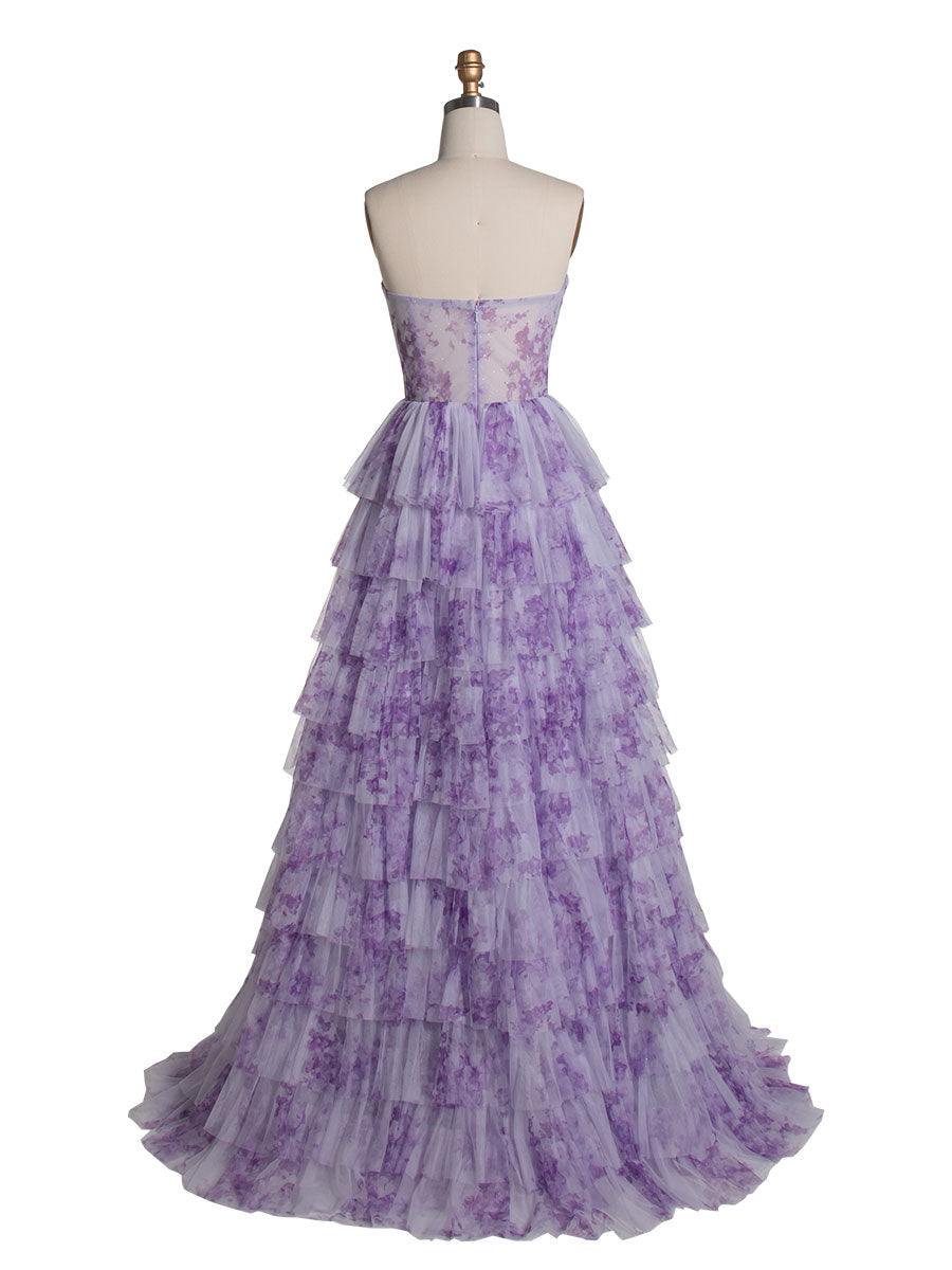 Lavender Tiered Gown Elegant Layered Printed Tulle Prom Party Dress YE3024