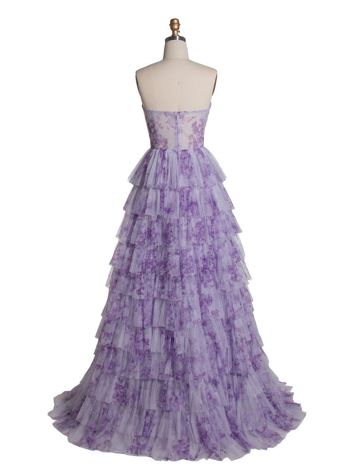 Lavender Tiered Gown Elegant Layered Printed Tulle Prom Party Dress YE3024