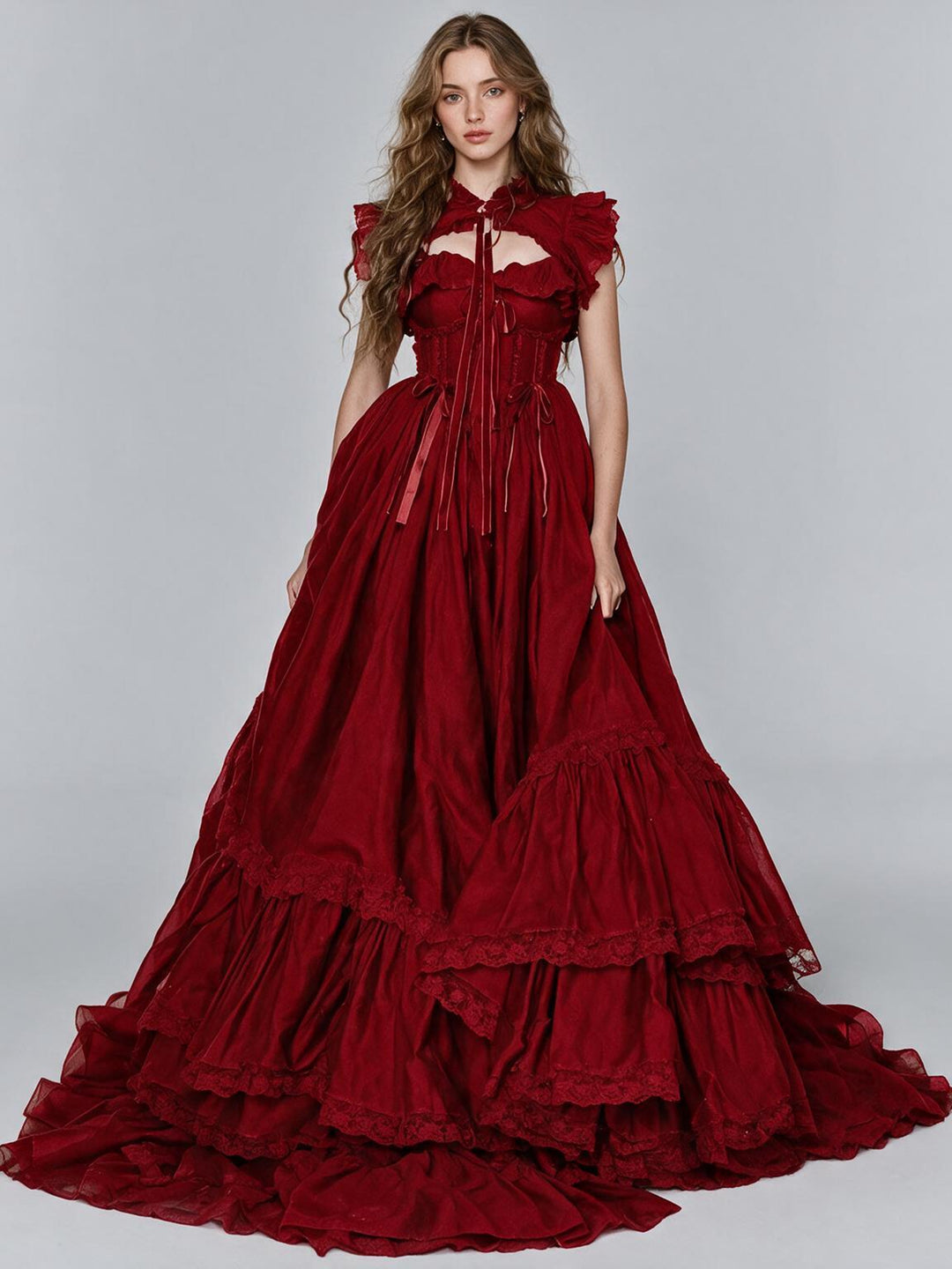 Burgundy High Neck Keyhole Corset Ruffle Christmas Dress YW2610094