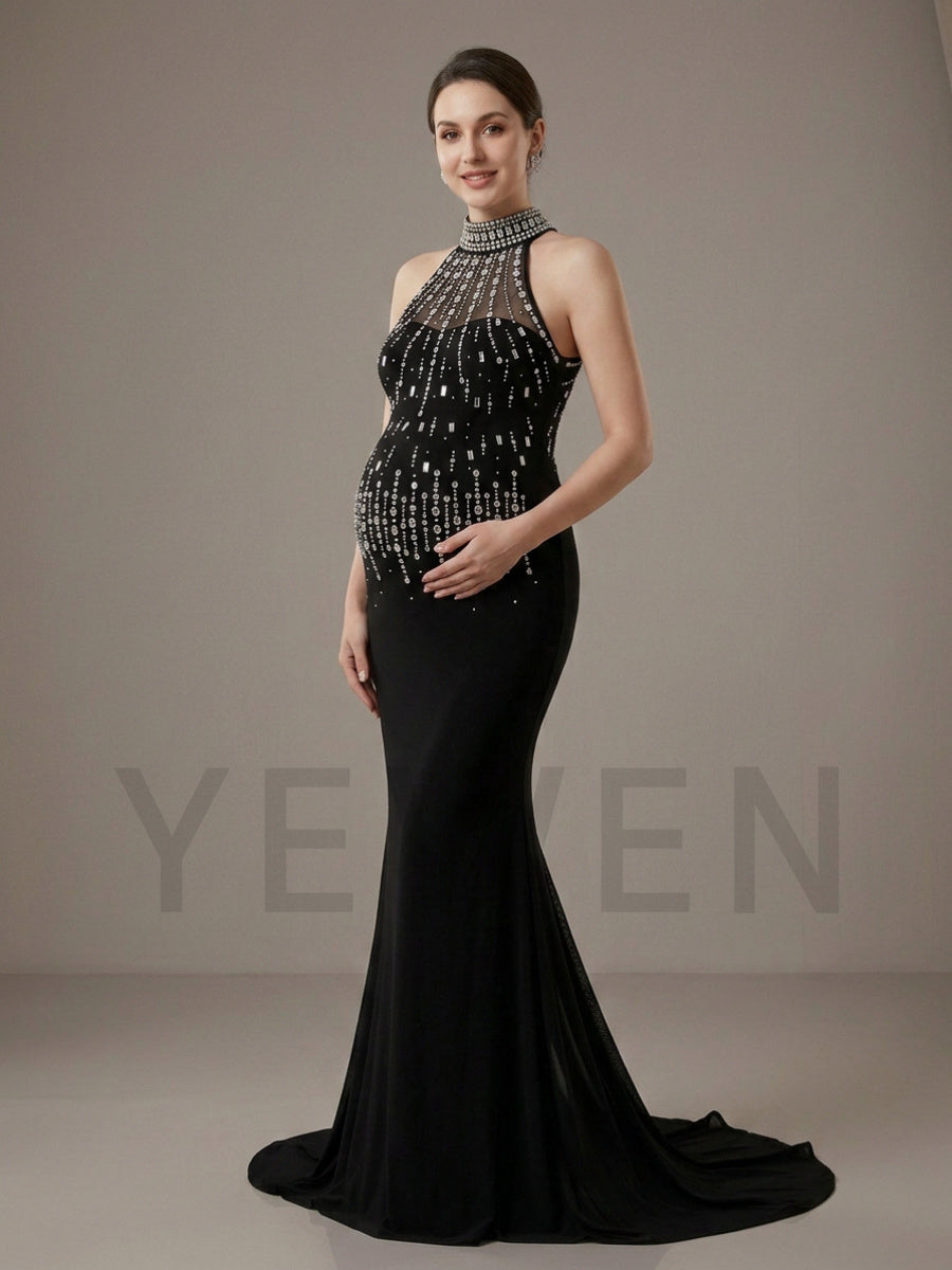 Black High Halter Beaded Mermaid Maternity Photoshoot Gown YD260909