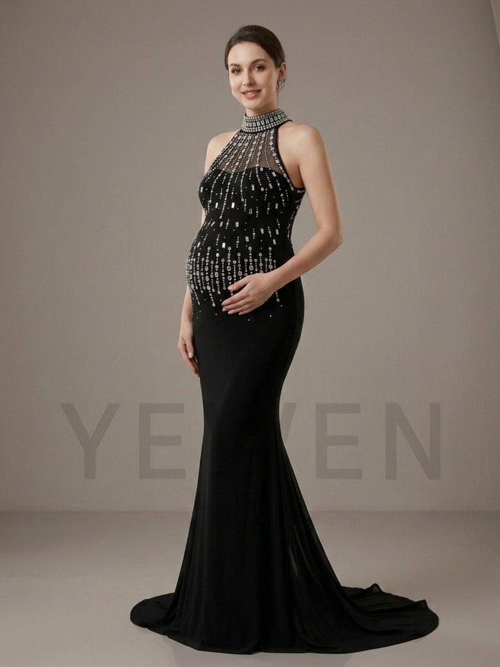 Black High Halter Beaded Mermaid Maternity Photoshoot Gown YD260909