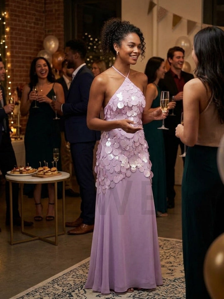 Halter Sequin Evening Dress with Flowy Long Skirt YD261003