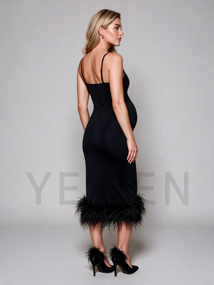 Black One-Shoulder Feather Trim Hem Maternity Dress For Baby Shower YD260835
