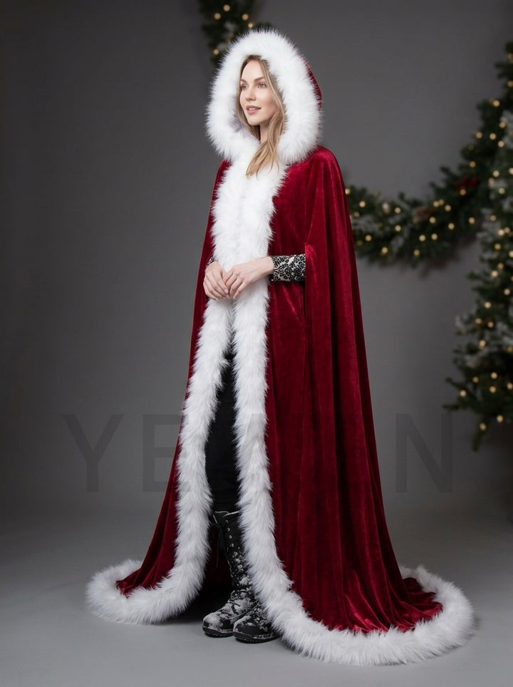 Velvet Hooded Christmas Cape with White Faux Fur Trim YD261013