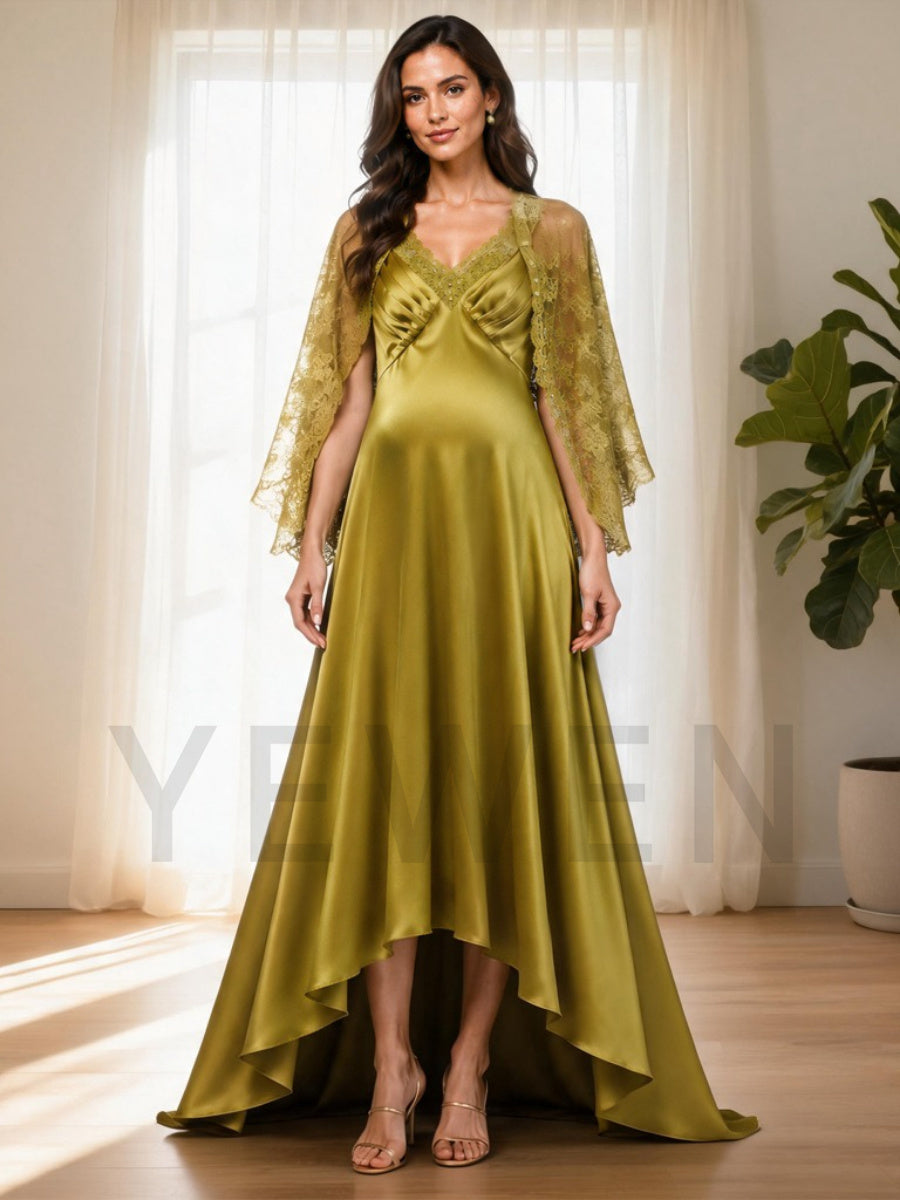 Olive V-Neck A-Line Maternity Baby Shower Dress with Sheer Lace Cape L-26921